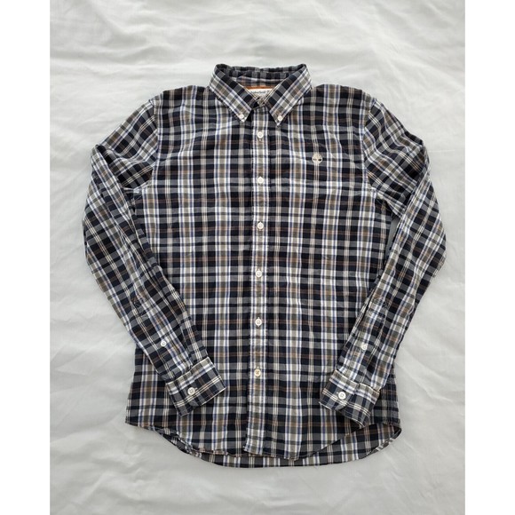 Timberland Button Down Shirt Mens S Long Sleeve Brown Plaid Slim Fit Chest Logo - Picture 1 of 9